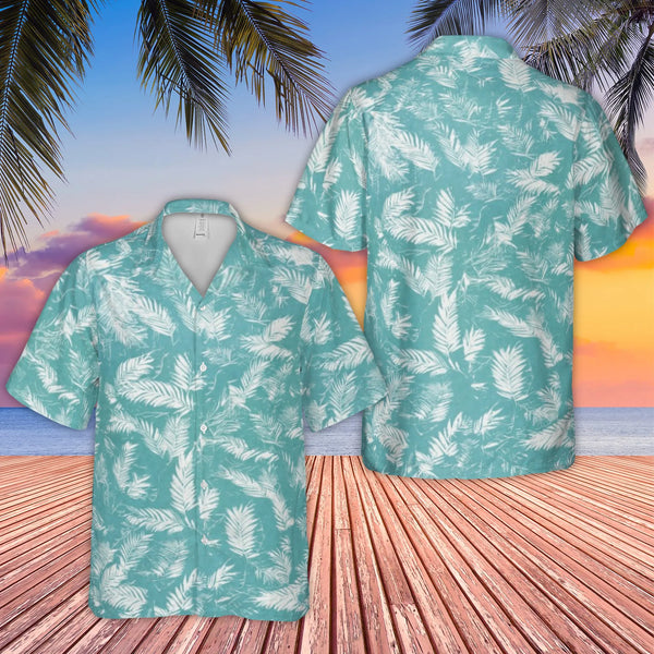 Teal Tropical Palm Leaf Hawaiian Shirt | Cuban Collar Summer Vacation Print | Lightweight Woven Polyester | Trendy Beachwear