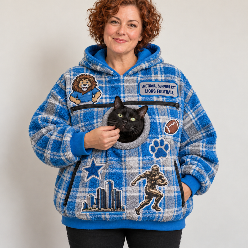 Detroit Tartan Patches Cat Pouch Hoodie