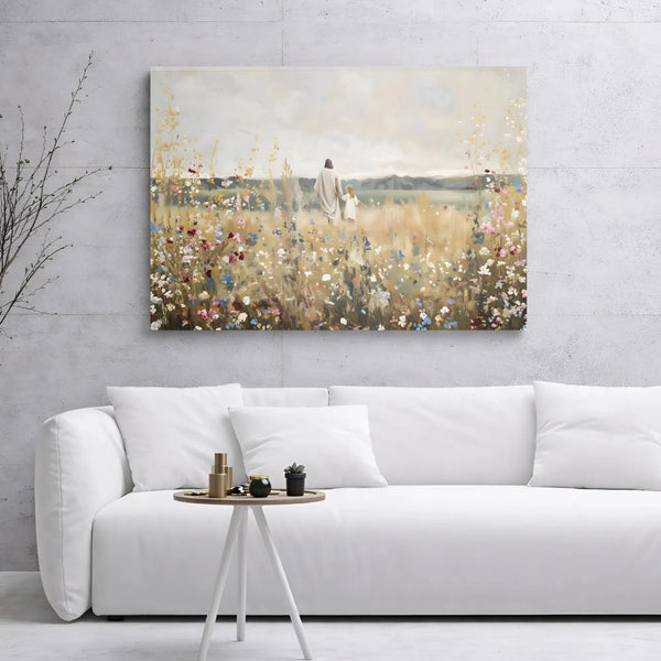 Jesus Walking With Child Canvas Print | Religious Wildflower Field Wall Art | Premium 1.25-inch Gallery Wrap | Inspirational