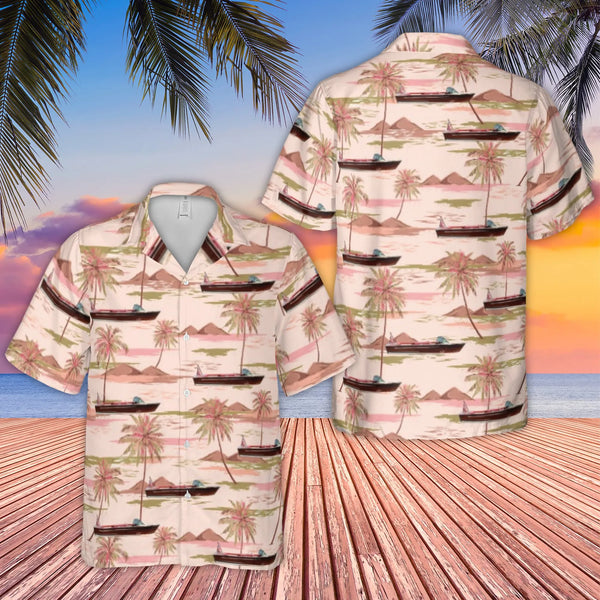 Vintage Motorboat Hawaiian Shirt | Palm Tree Tropical Print | Lightweight Moisture-Wicking Polyester | Summer Vacation Beach