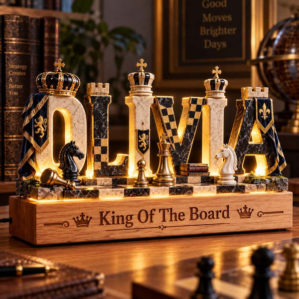 Personalized chess name night light glowing with the name OLIVIA
