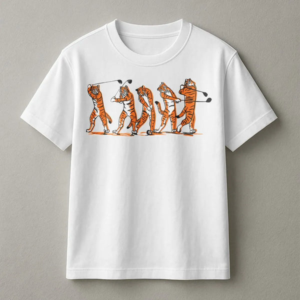 Tiger Golf Swing Graphic T-Shirt | Funny Animal Sports Illustration | Premium Soft Cotton Tee | Unique Golf Gift for Men and