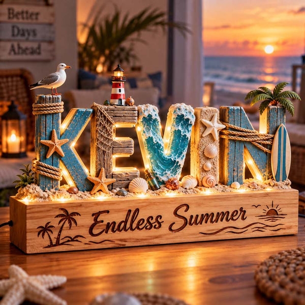 Personalized beach name night light glowing with the name KEVIN