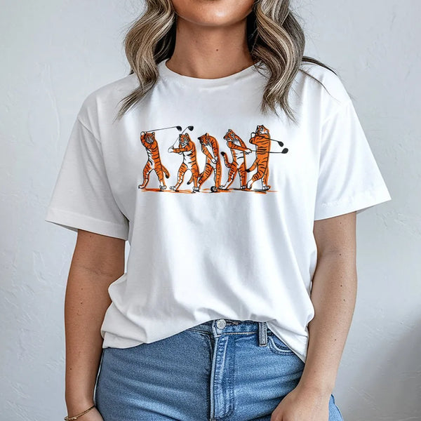 Tiger Golf Swing Graphic T-Shirt | Funny Animal Sports Illustration | Premium Soft Cotton Tee | Unique Golf Gift for Men and