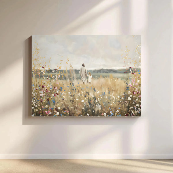 Jesus Walking With Child Canvas Print | Religious Wildflower Field Wall Art | Premium 1.25-inch Gallery Wrap | Inspirational