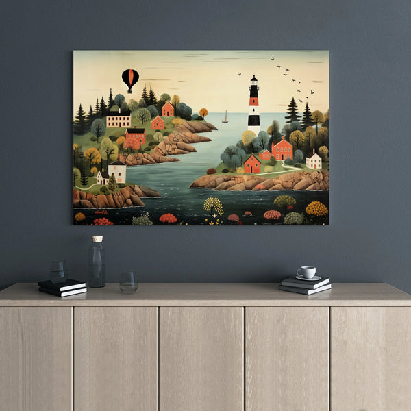 Coastal Village Canvas Wall Art | Folk Art Lighthouse Landscape with Hot Air Balloon | Premium 1.25” Gallery Wrap | Nautical