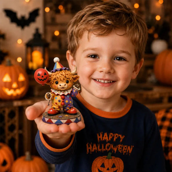 Boy holding a clown-costume Highland cow figure from the Halloween countdown calendar