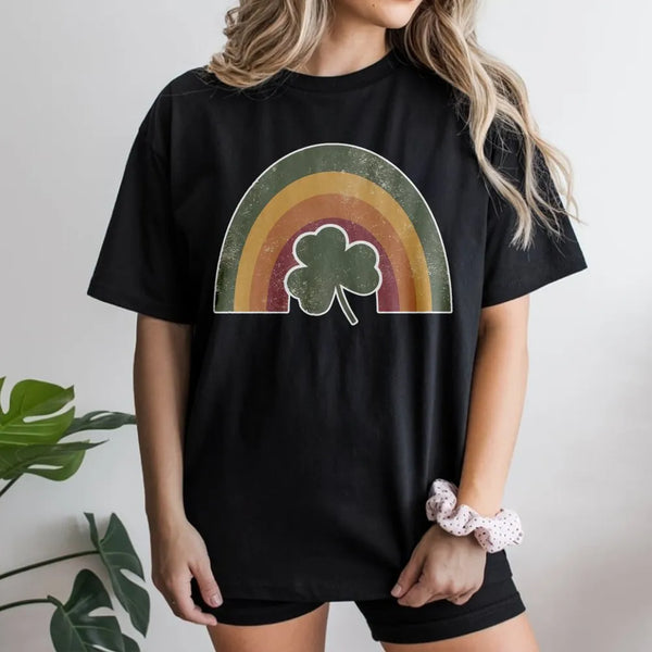 St Patrick's Day Shamrock T-Shirt | Retro Rainbow Graphic Tee | 100% Cotton Premium Quality | Lucky Irish Gift for Women and